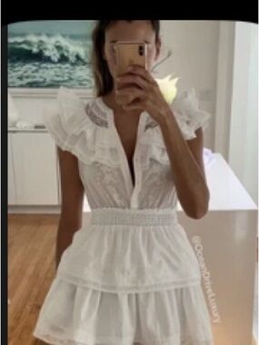 LoveShackFancy White Ruffled V-Neck Mini Dress